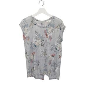 Rachel Ashwell Shirt Women Size Medium Blue/Gray Floral Linen Top Button‎ Back